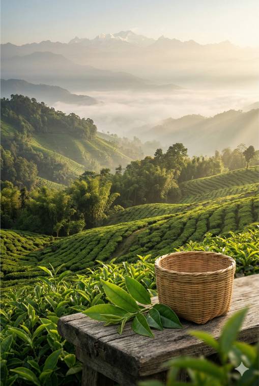 De weelderige groene theeplantages langs de Brahmaputra-rivier in Assam